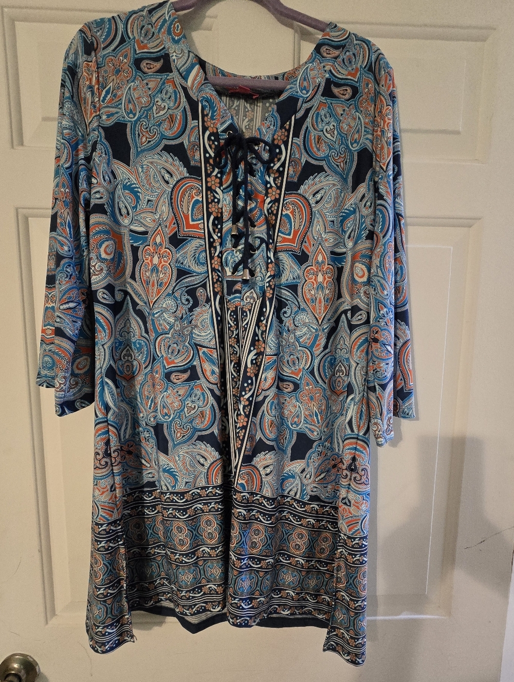 Sandevia Paisley Lace-Up Tunic Dress in Teal & Coral